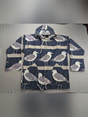 Vintage Orvis Michigan Rag Co. Blue Seagulls Snap Anorak Hooded Jacket Sz S/M